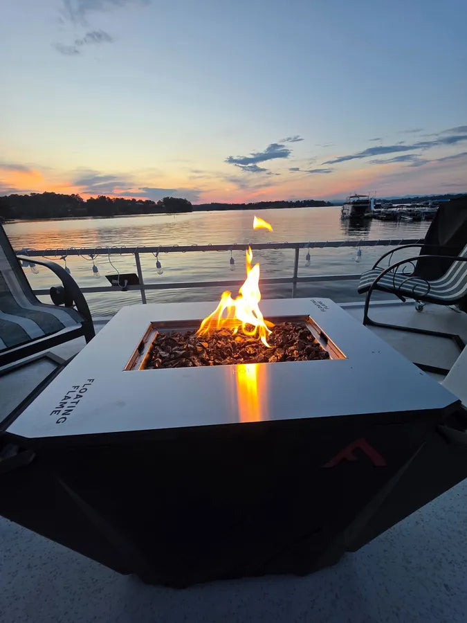 Floating Flame lit on Al F.'s deck at sunset on Lake Keowee